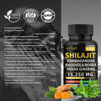 Biyode Effective Formula Ready Stock Fast Shipping Wholesale Pure Natural Himalayan Shilajit Capsules  With Ashwagandha Ginseng Healthcare Vitamin 8 In 1 Energy Supplement