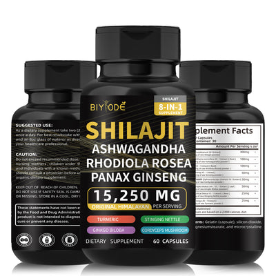 Biyode Effective Formula Ready Stock Fast Shipping Wholesale Pure Natural Himalayan Shilajit Capsules  With Ashwagandha Ginseng Healthcare Vitamin 8 In 1 Energy Supplement