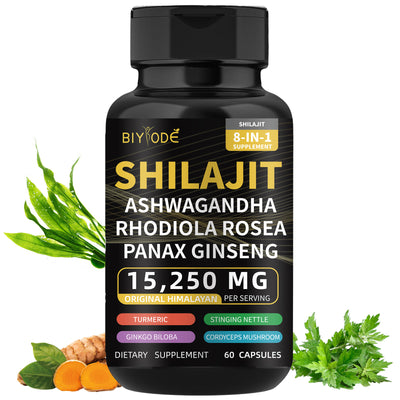 Biyode Effective Formula Ready Stock Fast Shipping Wholesale Pure Natural Himalayan Shilajit Capsules  With Ashwagandha Ginseng Healthcare Vitamin 8 In 1 Energy Supplement