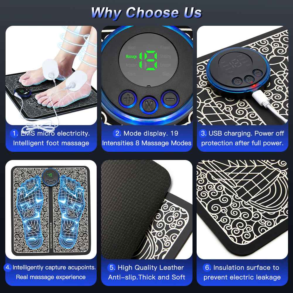 Tapis Massage Pieds Rechargeable EMS - Stimulation Infrarouge Magnétique