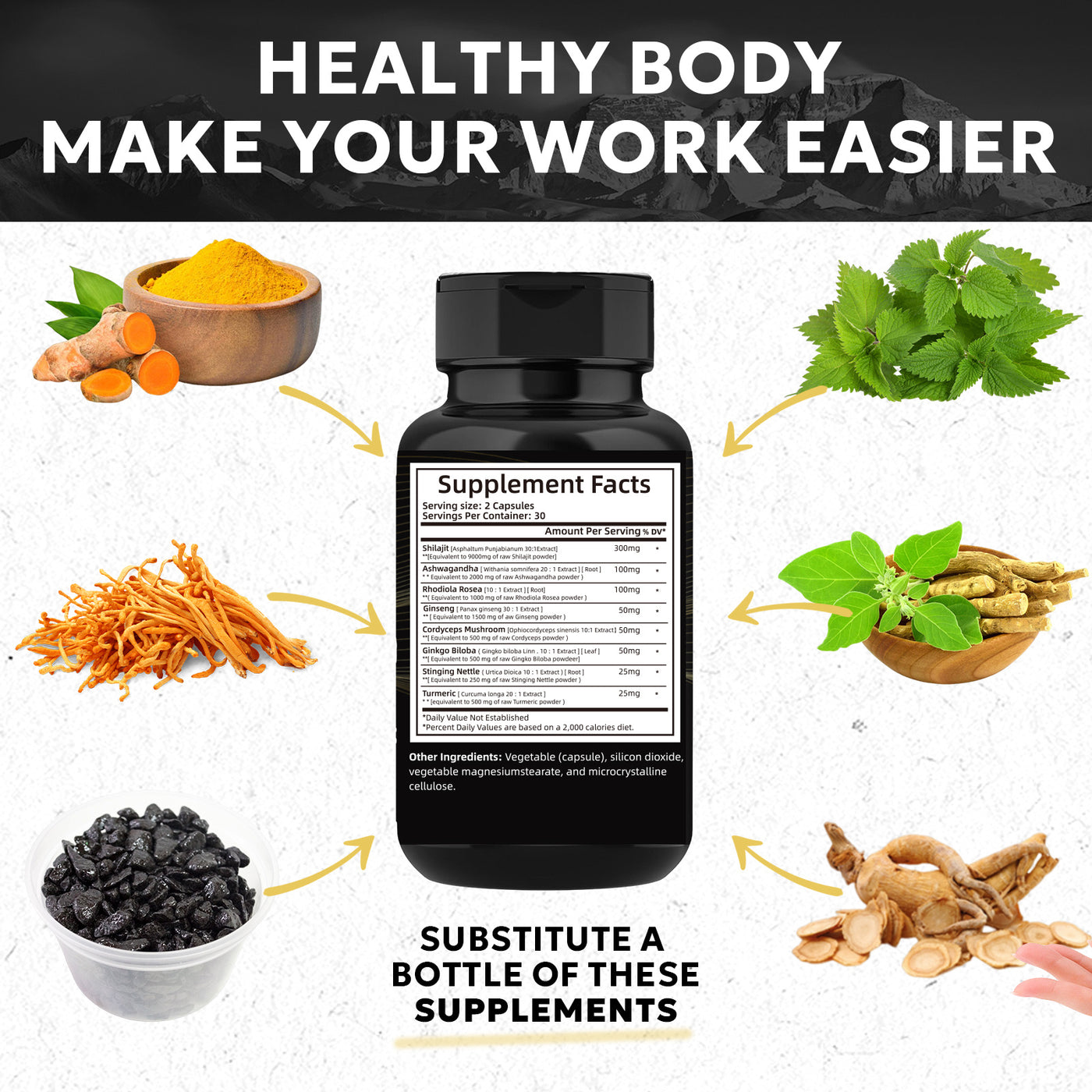 Biyode Effective Formula Ready Stock Fast Shipping Wholesale Pure Natural Himalayan Shilajit Capsules  With Ashwagandha Ginseng Healthcare Vitamin 8 In 1 Energy Supplement